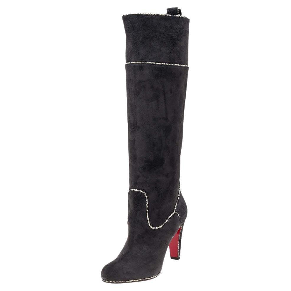 Christian Louboutin Suede And Snakeskin Trim Knee Length Boots Size 37 For Sale
