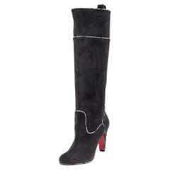 Christian Louboutin knielange Stiefel aus Wildleder mit Schlangenhautbesatz Größe 37,5