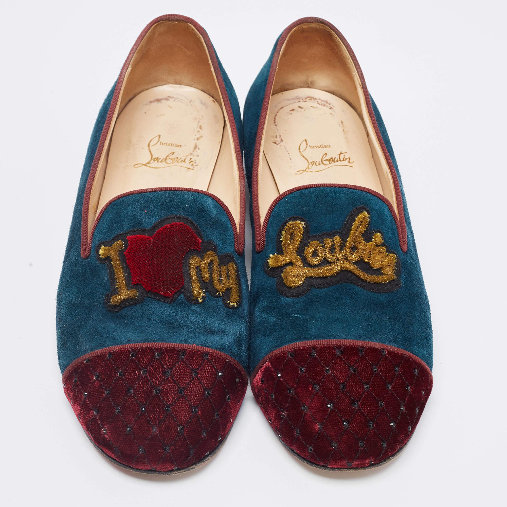Blue Christian Louboutin  Suede And Velvet I Love My Loubies Smoking Slippers Size 39 For Sale