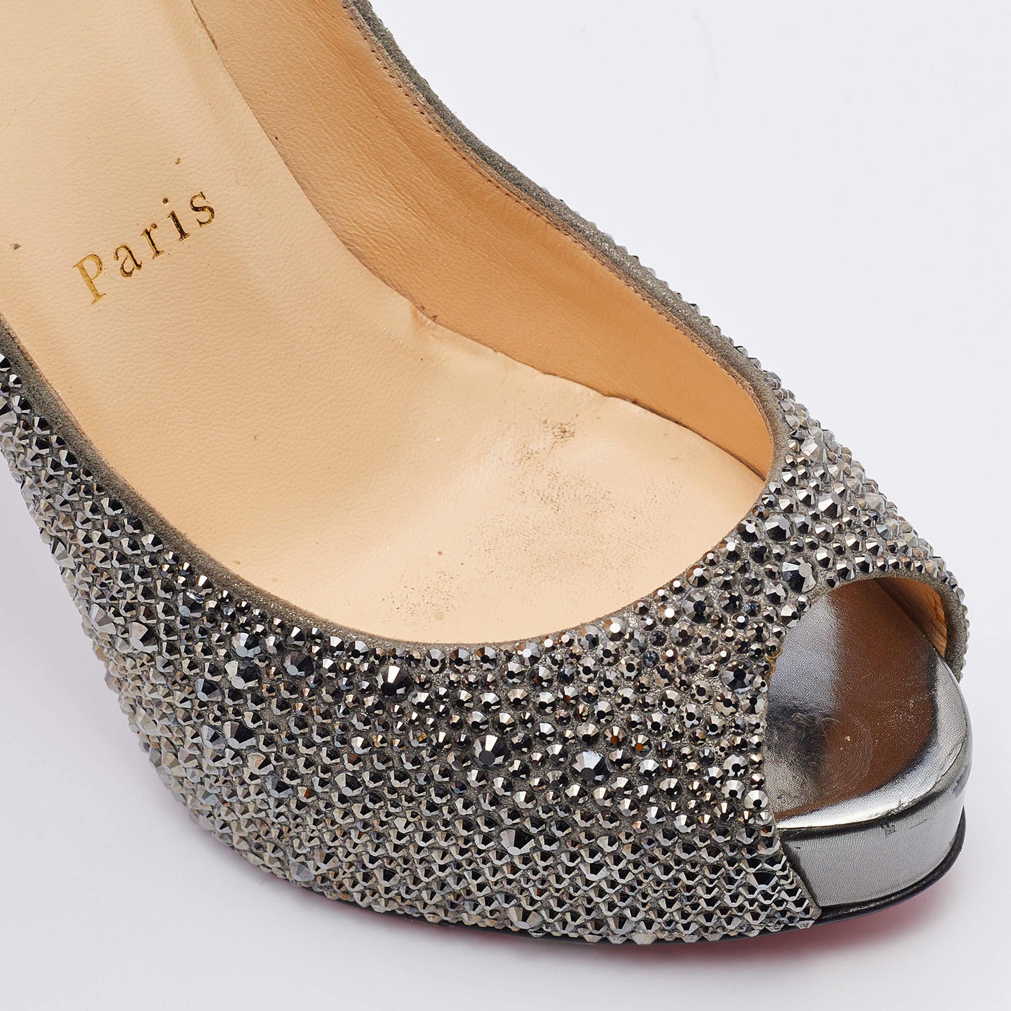 Christian Louboutin Suede Crystal Embellished Very Riche Peep Toe Pumps Size 36 For Sale 2