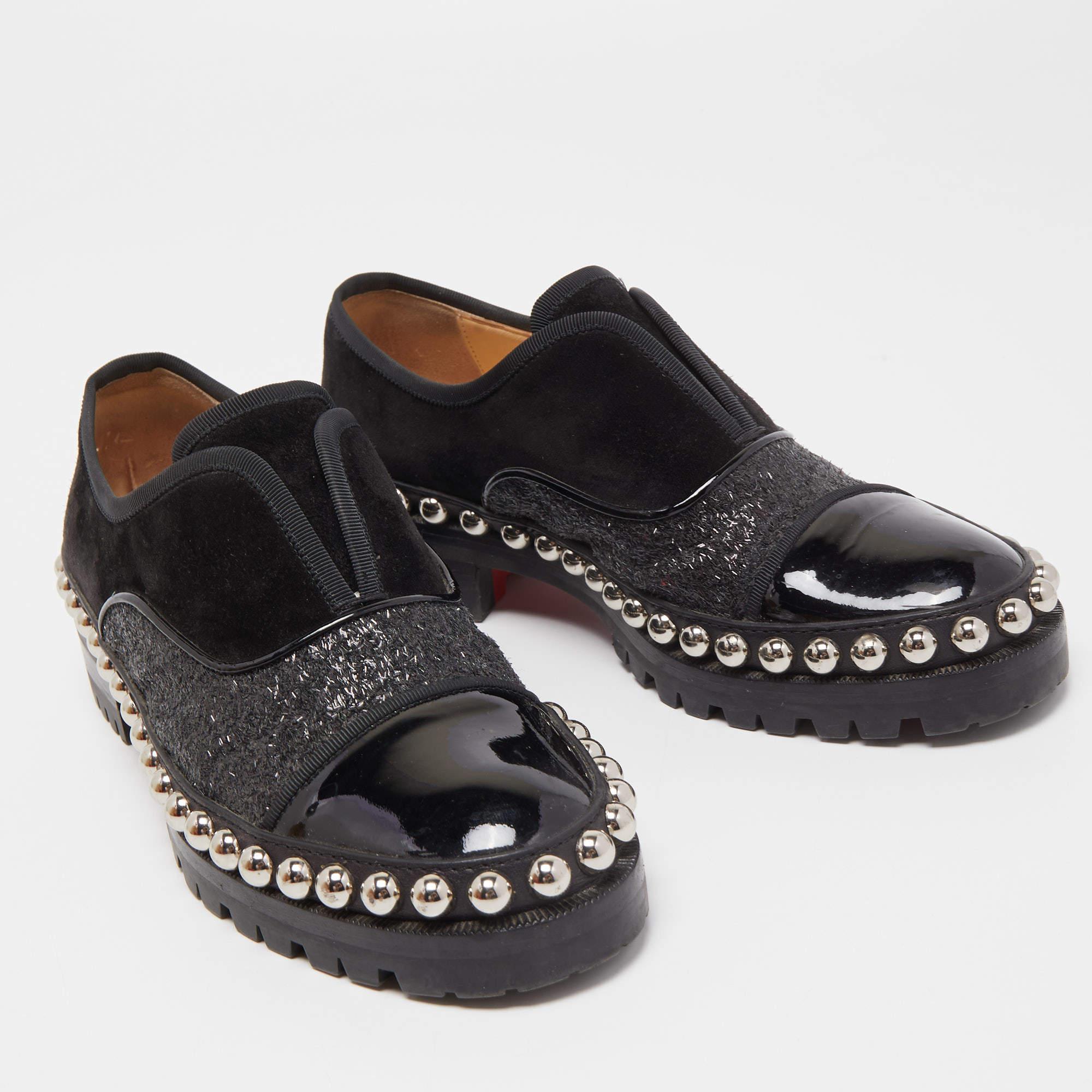 Christian Louboutin Suede Glitter & Patent Leather Alphacroc Oxfords Size 35.5 Bon état à Dubai, Al Qouz 2