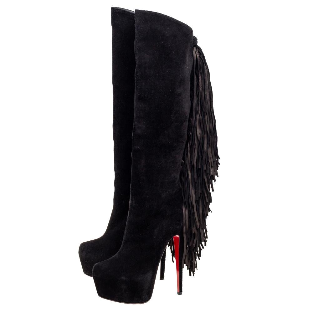 Christian Louboutin Suede Interlopa Fringe Knee Length Platform