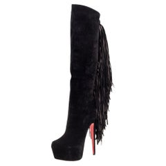 Used Christian Louboutin Suede Interlopa Fringe Knee Length Platform Boots Size 37