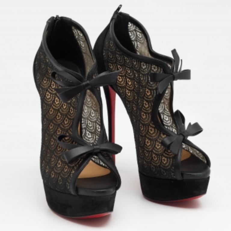 Women's Christian Louboutin Suede, Lace & Mesh Bow Open Toe Ankle Booties Size 37 For Sale