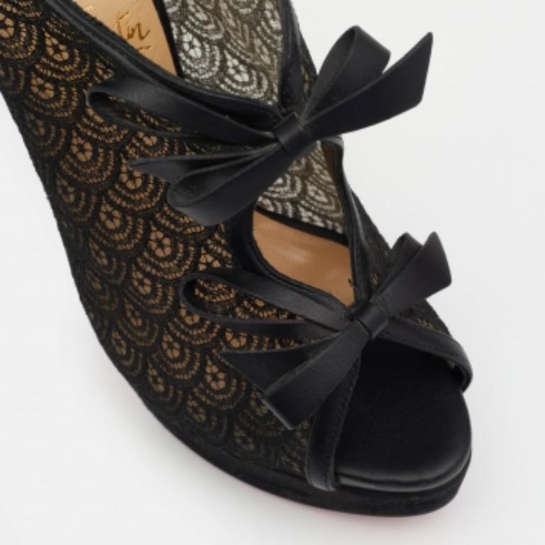Christian Louboutin Suede, Lace & Mesh Bow Open Toe Ankle Booties Size 37 For Sale 1