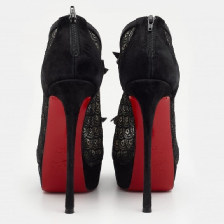 Christian Louboutin Suede, Lace & Mesh Bow Open Toe Ankle Booties Size 37 For Sale 2
