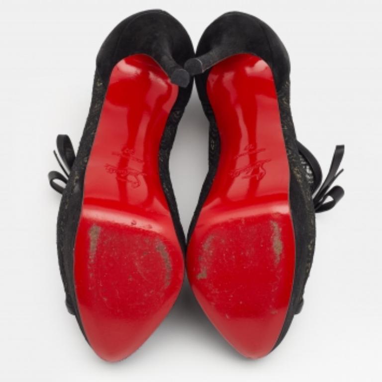 Christian Louboutin Suede, Lace & Mesh Bow Open Toe Ankle Booties Size 37 For Sale 3