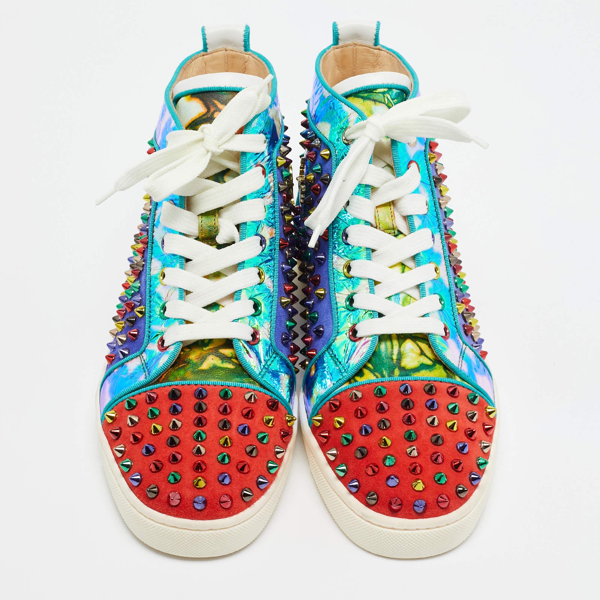 Gray Christian Louboutin Suede Leather Louis Spikes High Top Sneakers Size 41