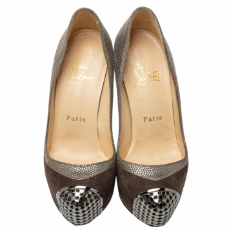 Christian Louboutin Suede Maggie Embellished Cap Toe Platform Pumps Size 35 For Sale 2