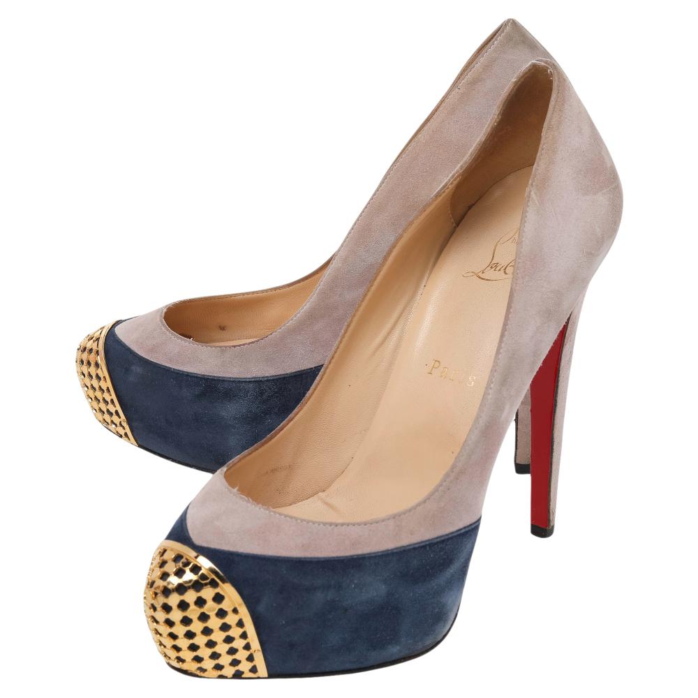 Women's Christian Louboutin  Suede Maggie Embellished Cap Toe Platform Pumps Size 38 For Sale