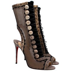 Christian Louboutin Suede & Mesh Lace-Up Sandals with Elaphe Trim - Size EU 38.5