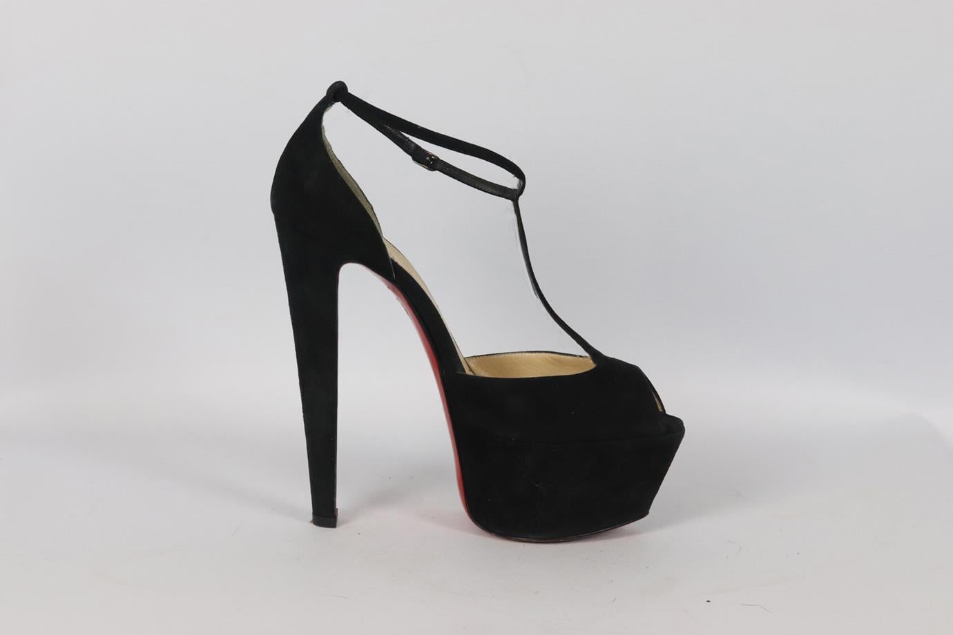 Christian Louboutin suede platform sandals. Black. Buckle fastening at side. Does not come with dustbag or box. Size: EU 39 (UK 6, US 9). Insole: 9.5 in. Heel height: 5.5 in. Platform: 2.1 in. Good condition - Some wear to soles and upper material;