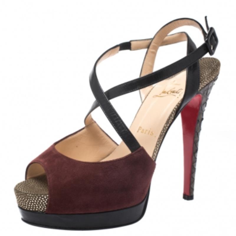 Christian Louboutin Suede Python Leather Platform Ankle Strap Sandals Taille 38 Pour femmes en vente