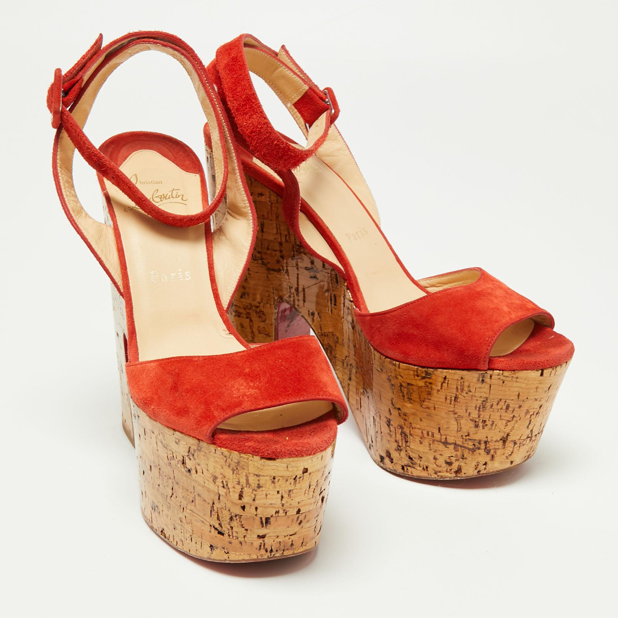 Christian Louboutin Suede Super Dombasle Cork Wedge Ankle Strap Sandals Size 40 1