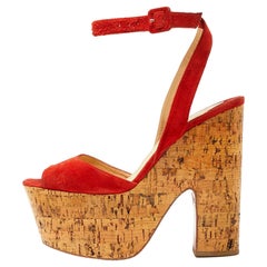 Used Christian Louboutin Suede Super Dombasle Cork Wedge Ankle Strap Sandals Size 40