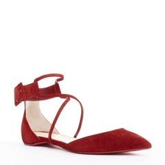CHRISTIAN LOUBOUTIN Suzanna Flat Veau Velours Carmin strap pointy flats EU37.5