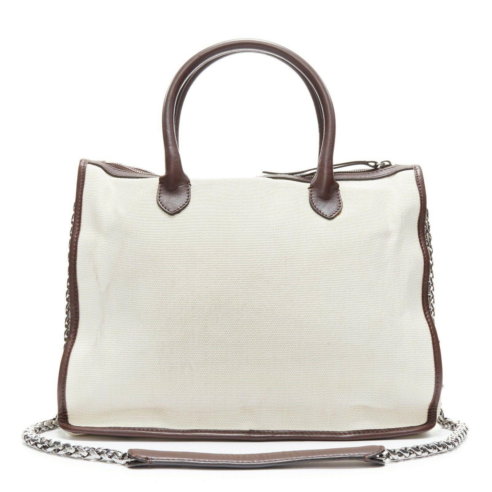 Women's CHRISTIAN LOUBOUTIN Sweet Charity beige canvas silver metal bow chain tote bag