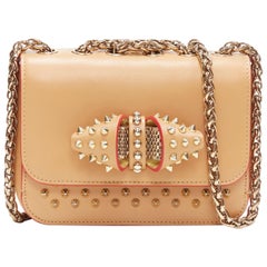 CHRISTIAN LOUBOUTIN Sweet Charity Medium tan brown stud bow chain shoulder bag