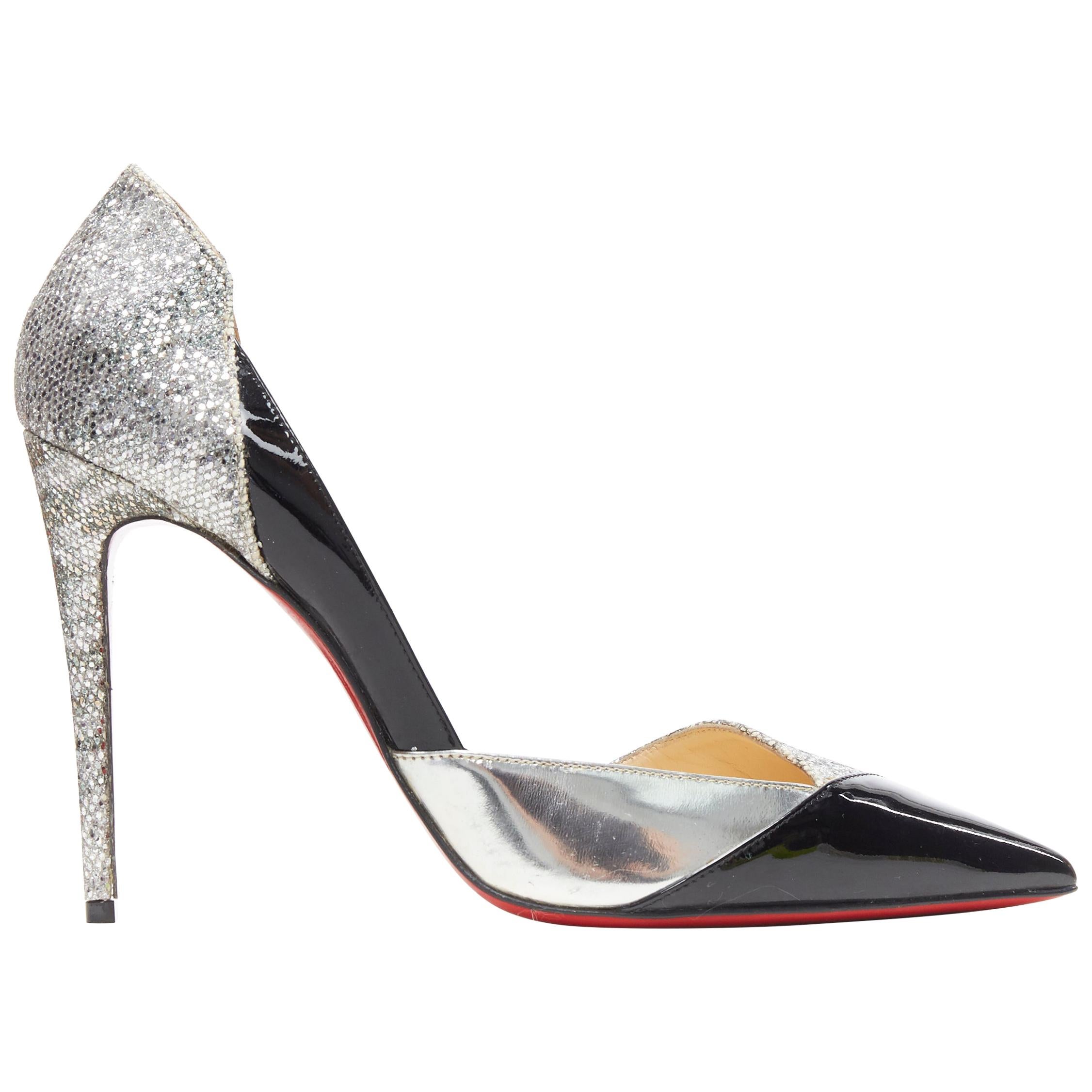 CHRISTIAN LOUBOUTIN Tac Clac black silver glitter patchwork dorsay pump EU38