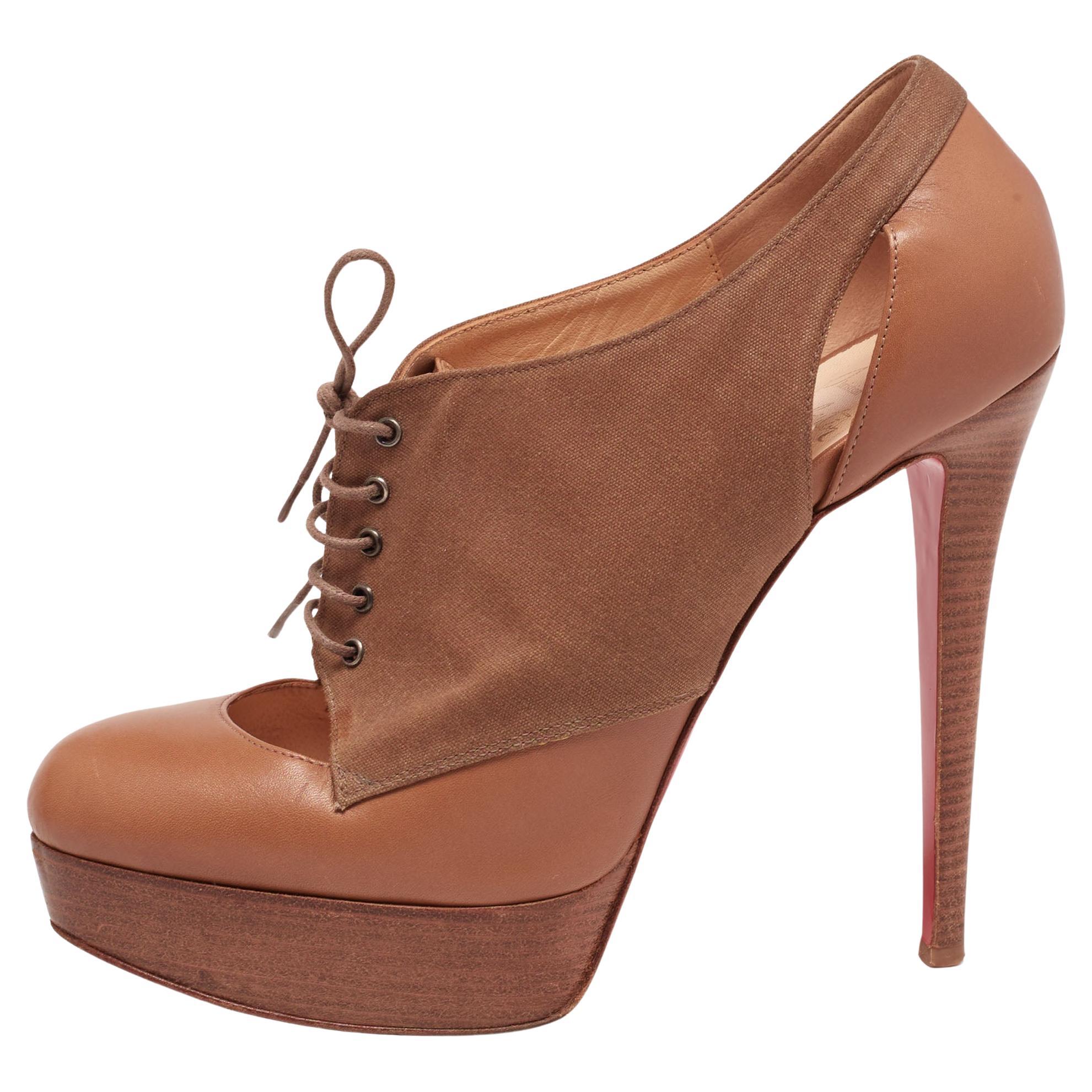 Christian Louboutin Tan/Brown Leather and Canvas Lace-Up Ankle Booties Size 39.5 For Sale