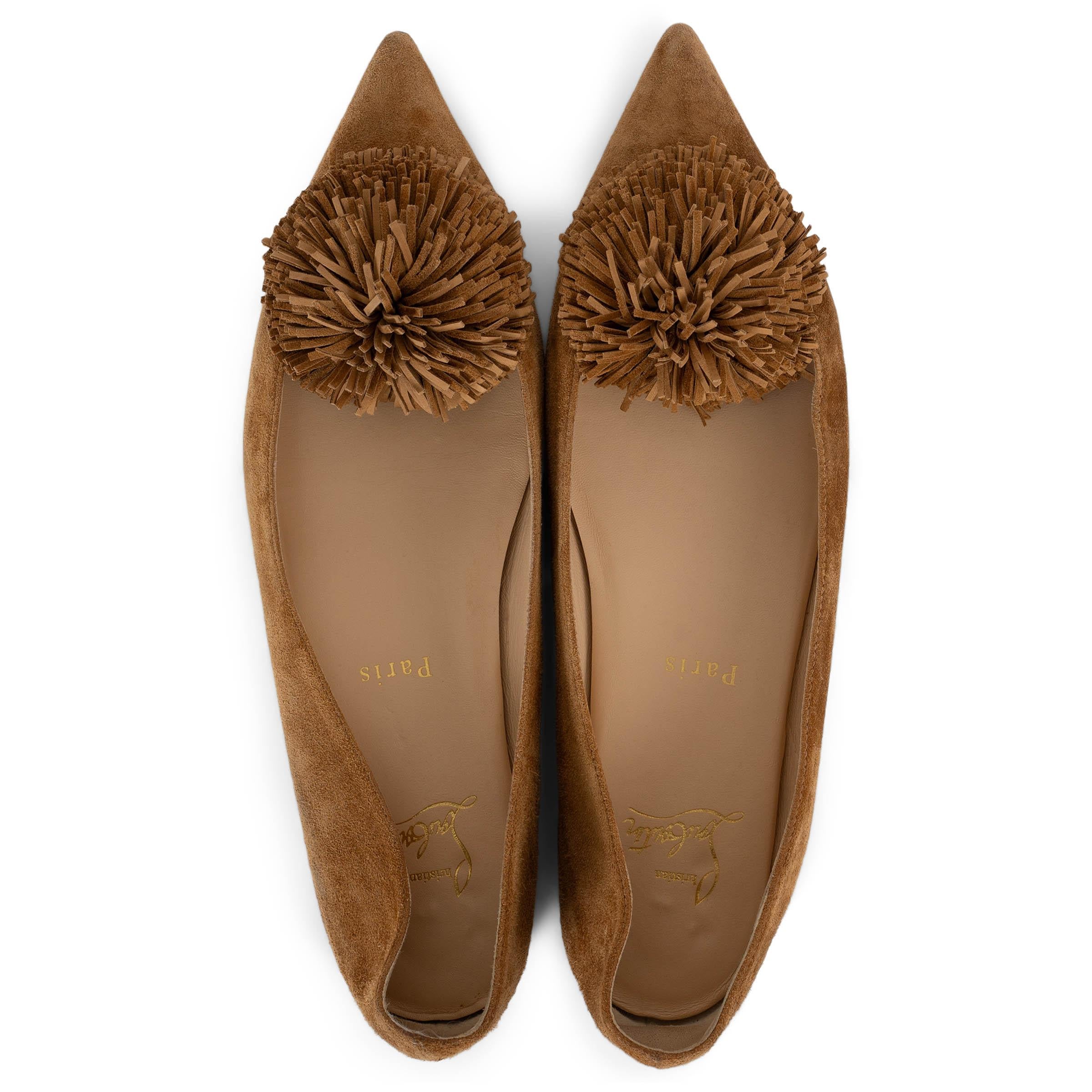CHRISTIAN LOUBOUTIN tan brown suede 2017 KONSTANTINA POMPOM Ballet Shoes 38 1