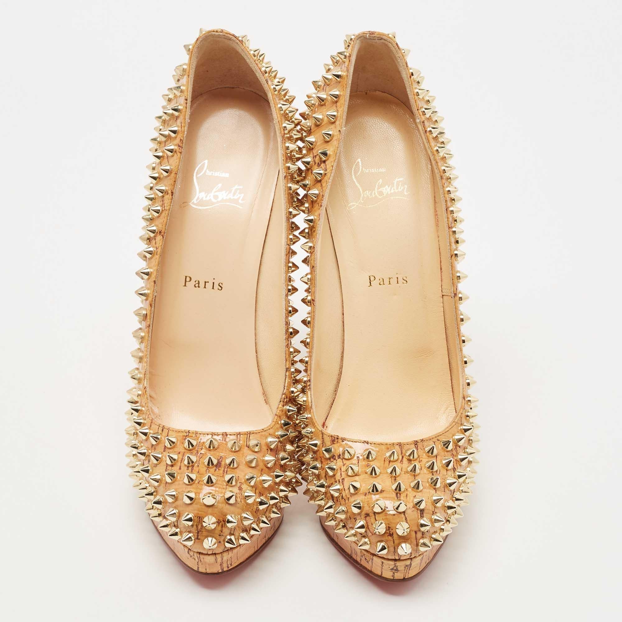 Christian Louboutin Tan Cork Alti Spike Platform Pumps Size 41 In Good Condition In Dubai, Al Qouz 2