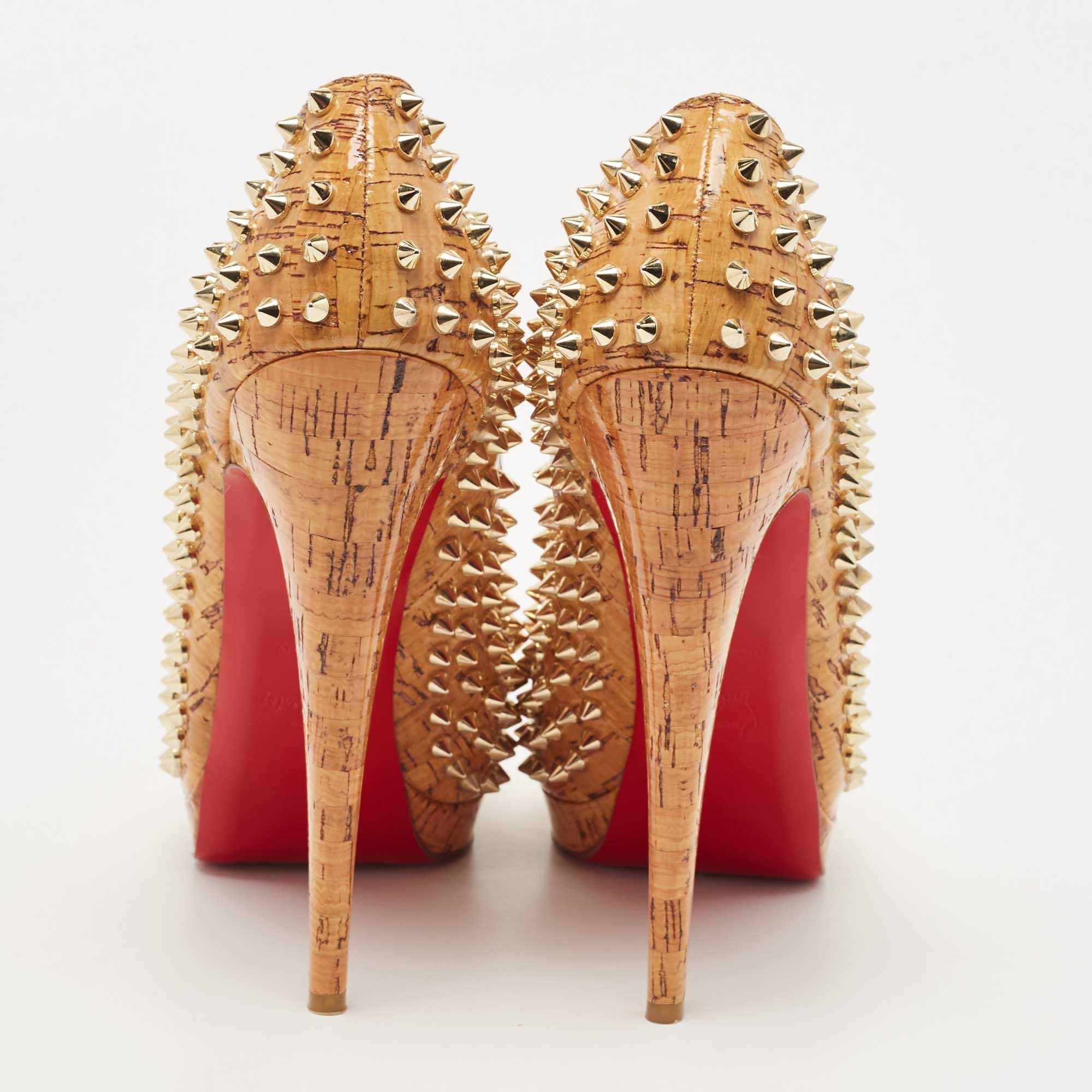 Women's Christian Louboutin Tan Cork Alti Spike Platform Pumps Size 41