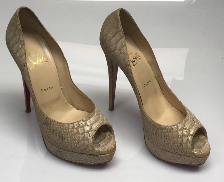 Christian Louboutin Tan and Metallic Snake Platform Peep toe Pumps - 41 ...