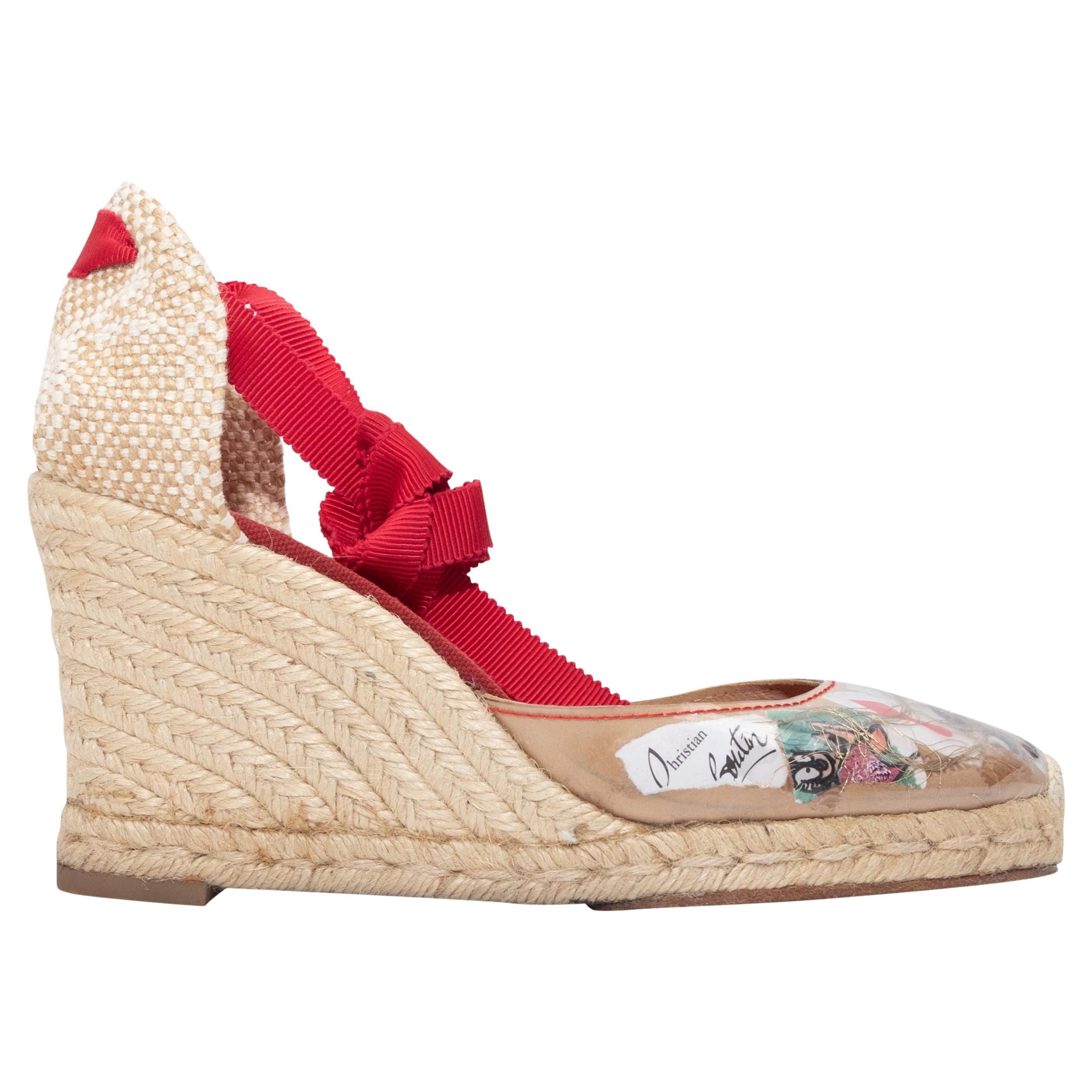 Christian Louboutin Tan 
Multicolor  Trash PVC Espadrille Wedges