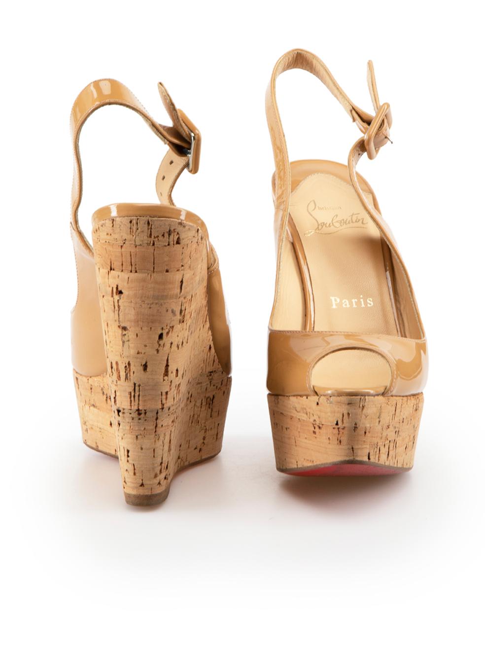 Christian Louboutin Tan Patent Peep Toe Wedges Size IT 36 In Good Condition For Sale In London, GB