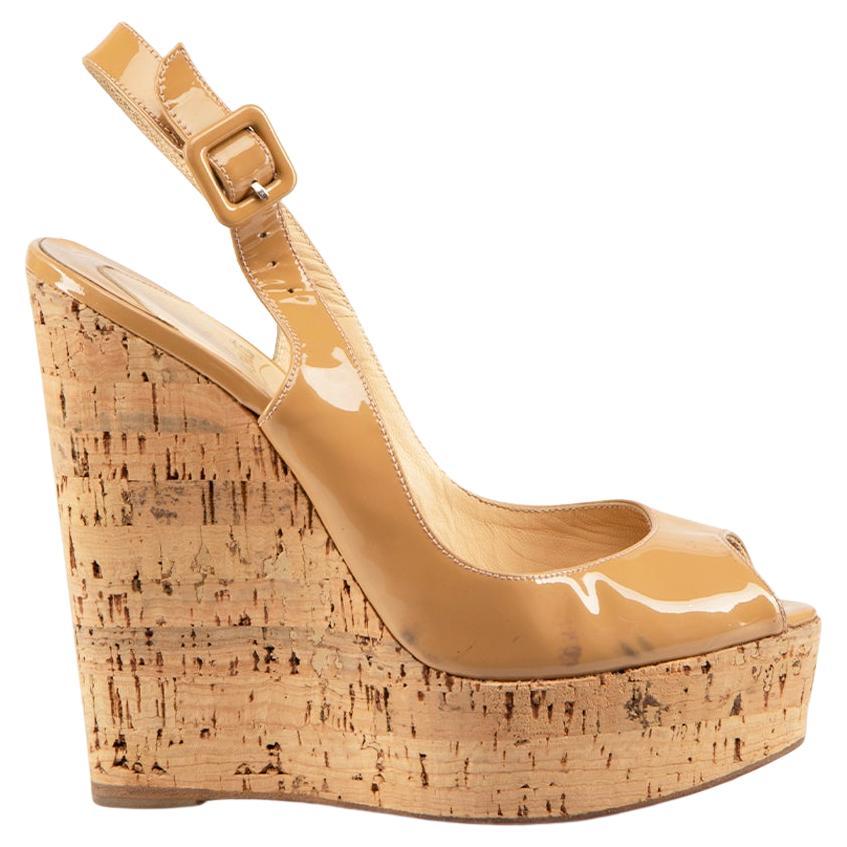 Christian Louboutin Tan Patent Peep Toe Wedges Size IT 36 For Sale