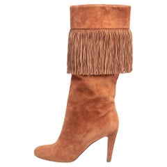 Used Christian Louboutin Tan Suede Majung 85 Fringe Mid Calf Boots Size 39.5