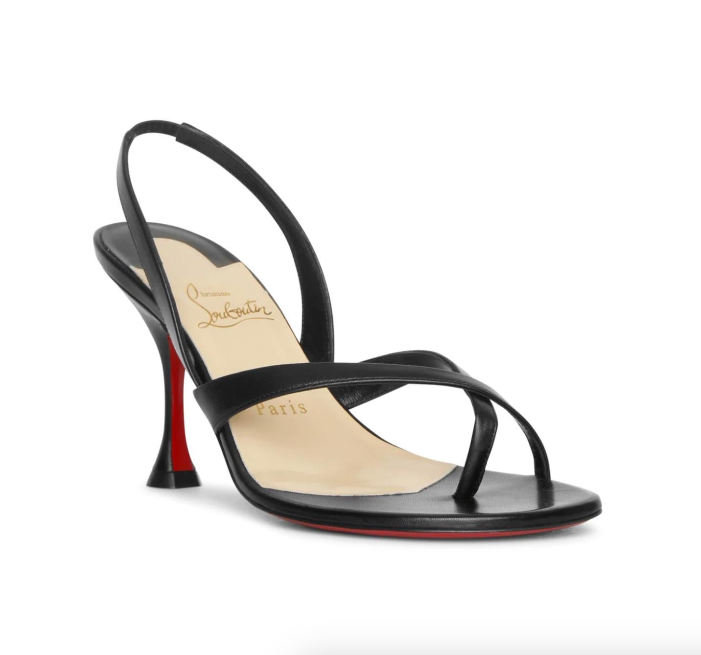 Black leather sandals from Christian Louboutin. The Taralita sandals have a 85mm heel, an open toe and crisscross straps in front, elastic insert in the slingback strap in the back and a fluted shaped heel. Brand new, never worn. Comes in all the
