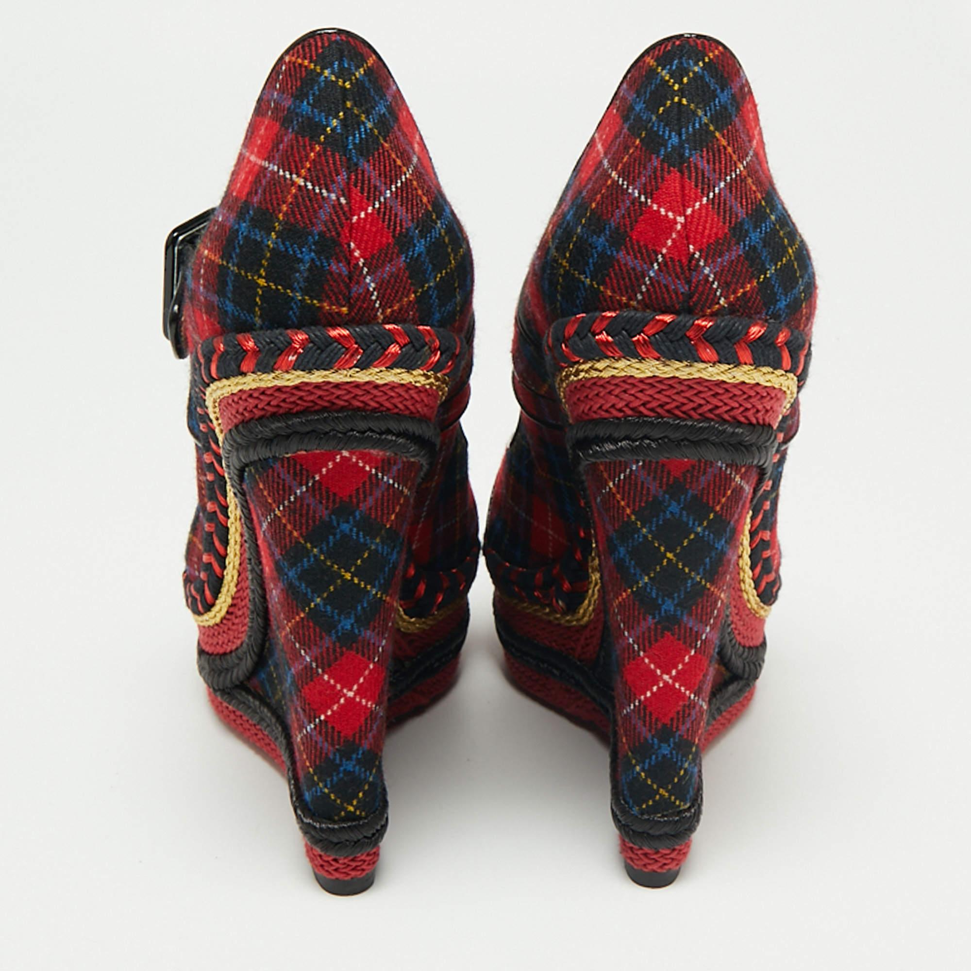 Black Christian Louboutin Tartan Print Wool Blend Lady Daf Wedge Pumps Size 41