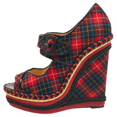 Christian Louboutin Tartan Print Wool Blend Lady Daf Wedge Pumps Size 41