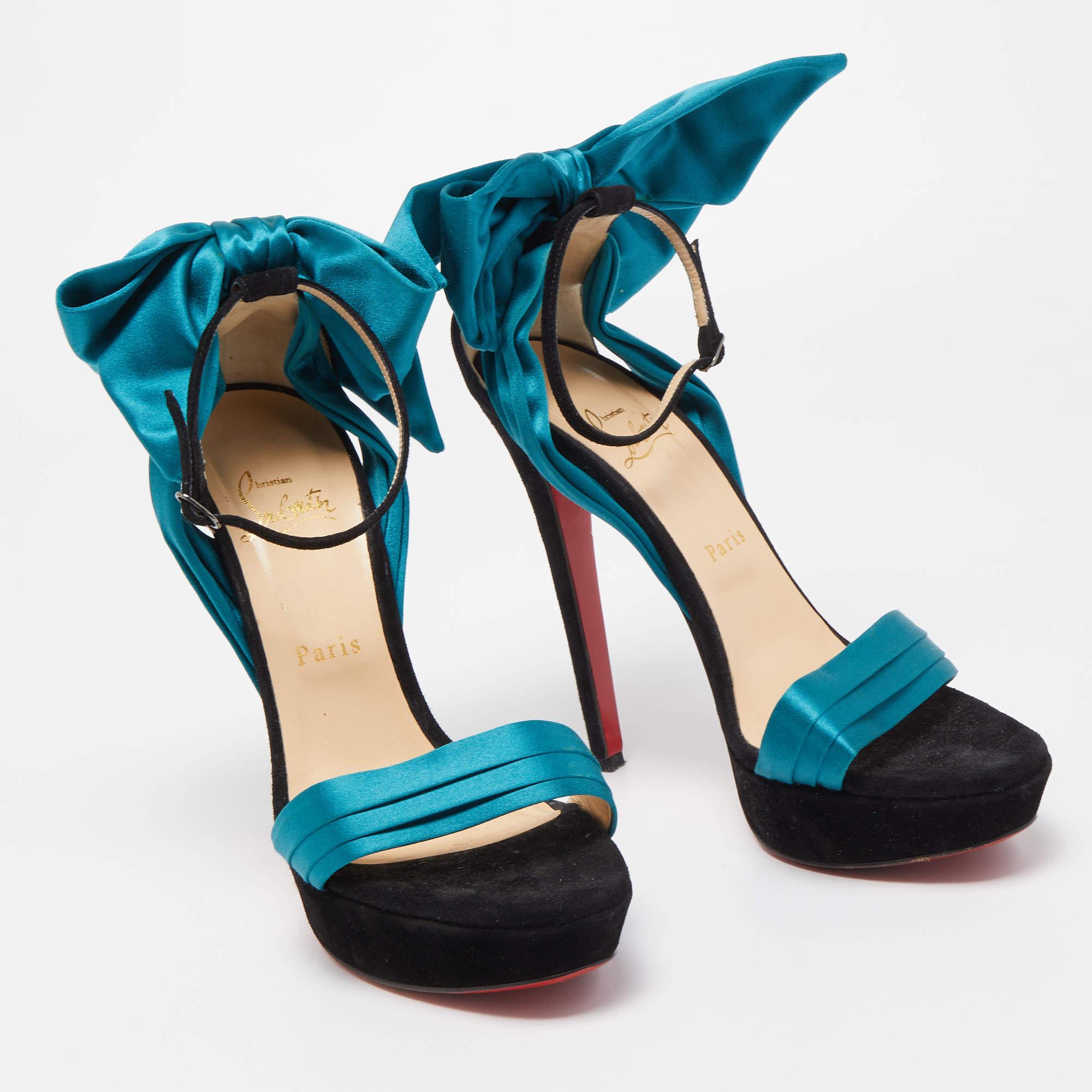 Blue Christian Louboutin Teal/Black Satin and Suede Vampanodo Sandals Size 40.5