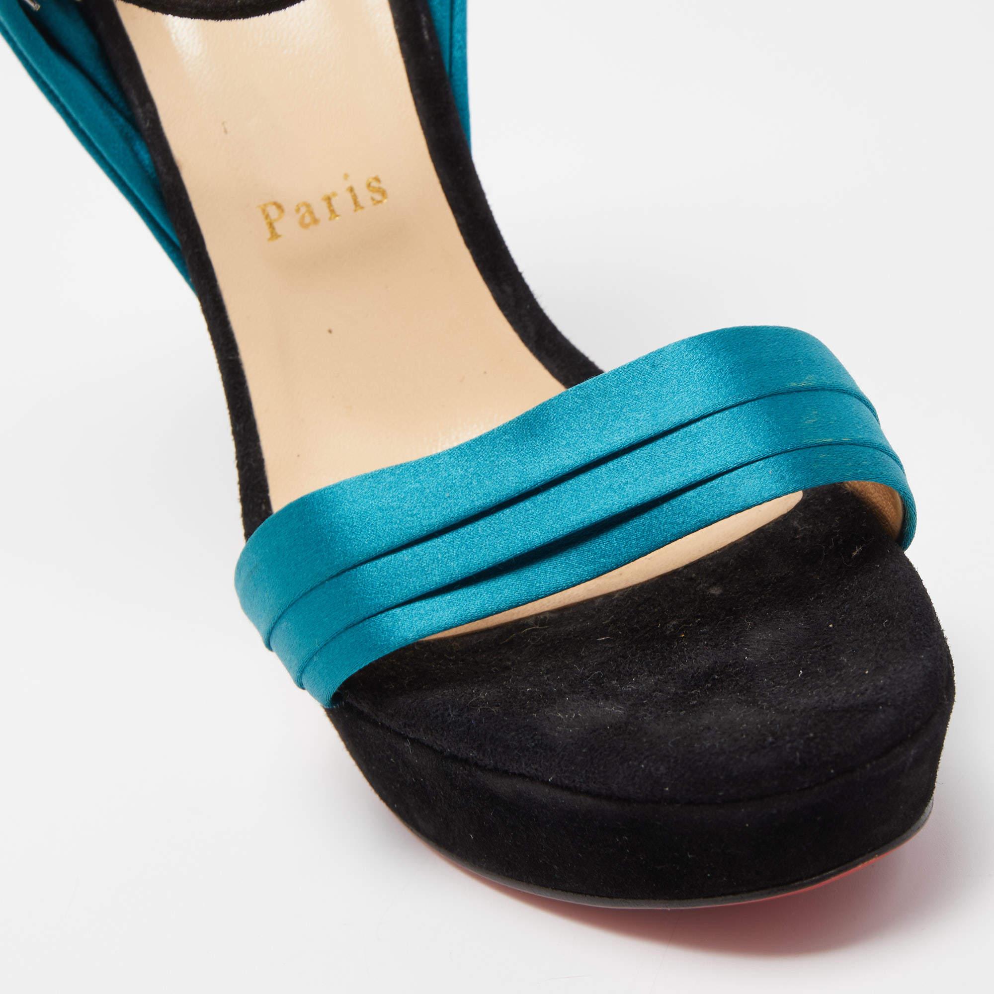 Christian Louboutin Teal/Black Satin and Suede Vampanodo Sandals Size 40.5 In Good Condition In Dubai, Al Qouz 2