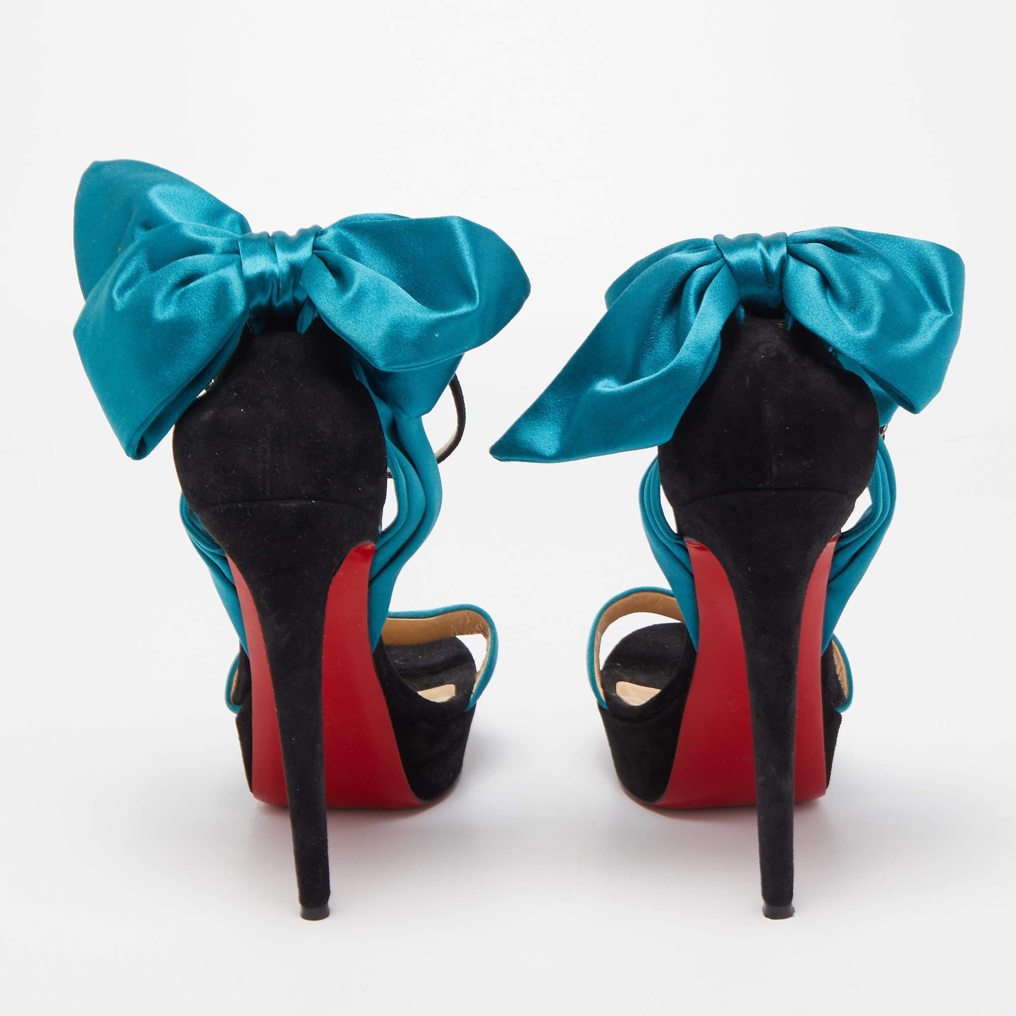 Christian Louboutin Teal/Black Satin and Suede Vampanodo Sandals Size 40.5 2