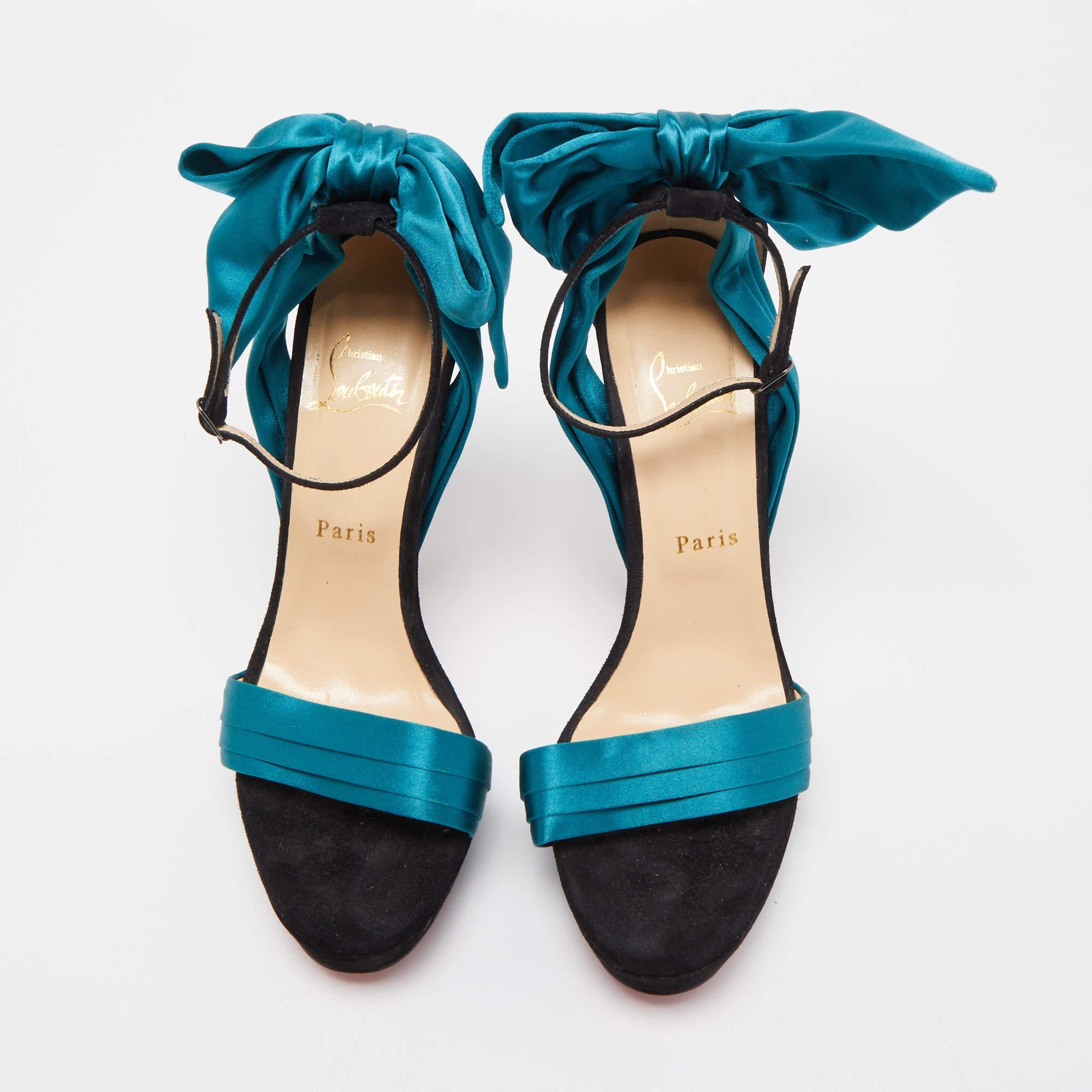 Christian Louboutin Teal/Black Satin and Suede Vampanodo Sandals Size 40.5 3