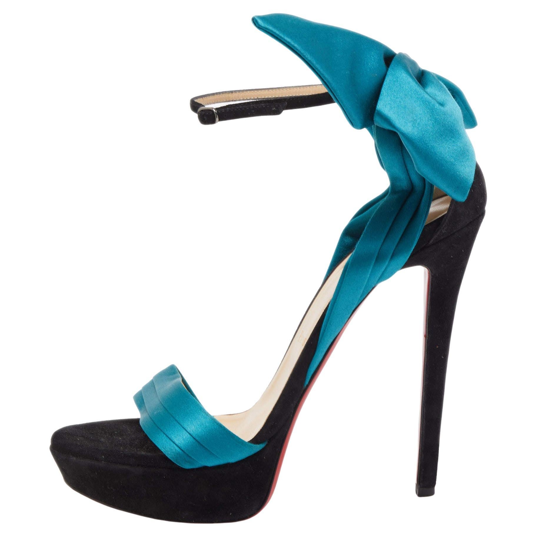 Christian Louboutin Teal/Black Satin and Suede Vampanodo Sandals Size 40.5