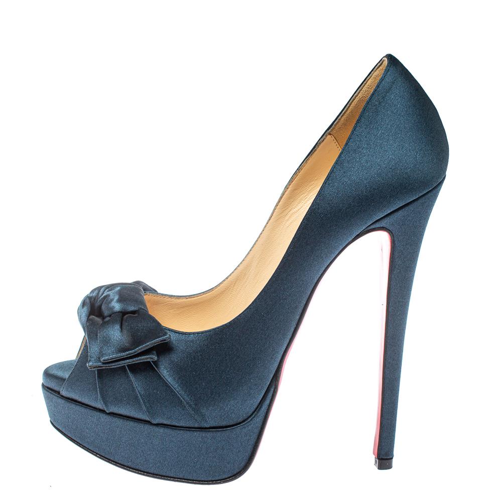Women's Christian Louboutin Teal Blue Satin Madame Butterfly Peep Toe Platform Size 37