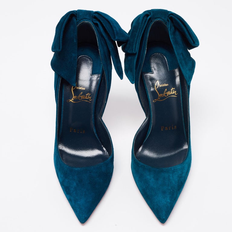 Christian Louboutin Teal Blue Suede Bow Rabakate D'Orsay Pumps Size 37