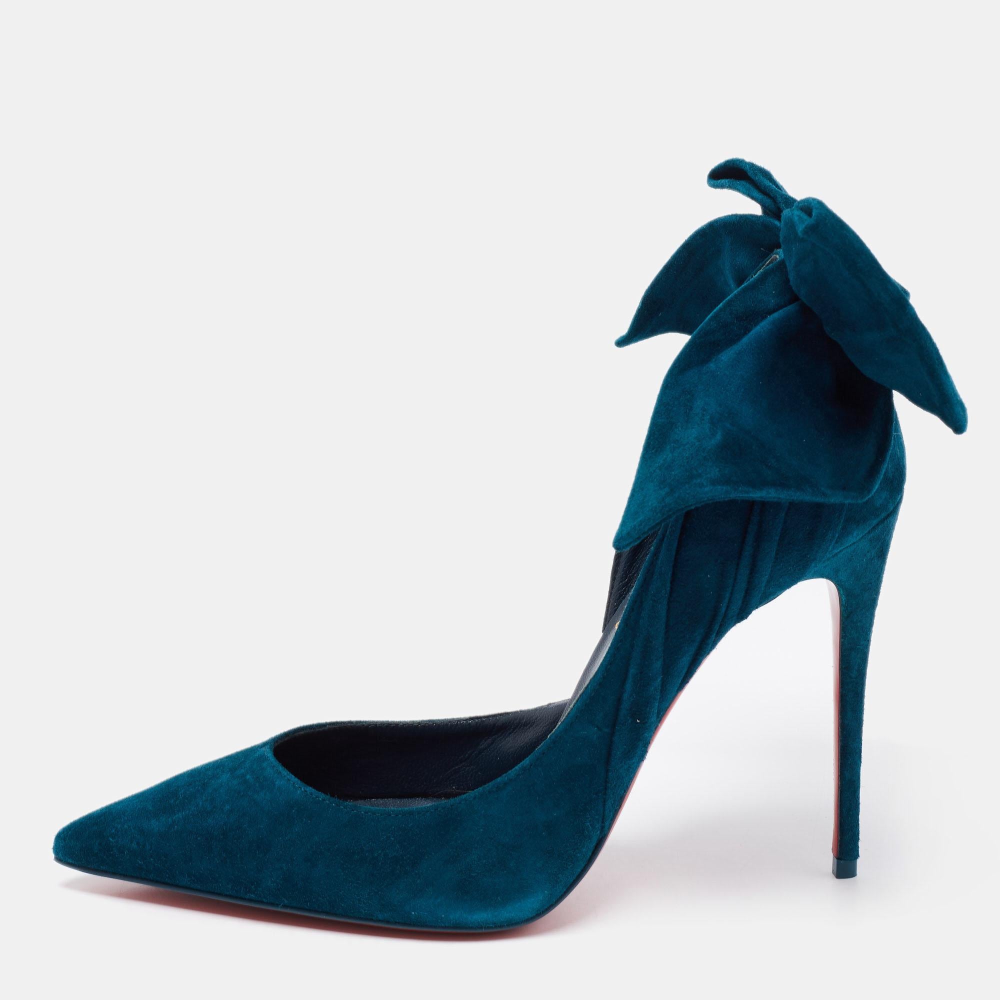 Christian Louboutin Teal Blue Suede Bow Rabakate D'Orsay Pumps Size 37 In Excellent Condition In Dubai, Al Qouz 2