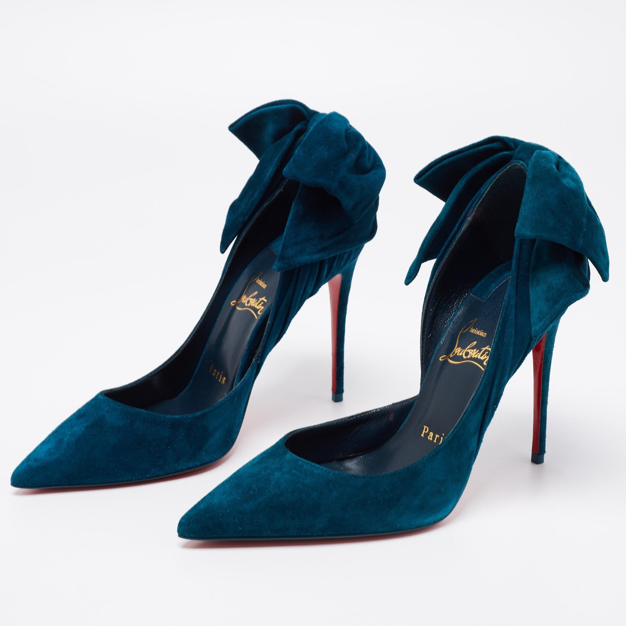 Women's Christian Louboutin Teal Blue Suede Bow Rabakate D'Orsay Pumps Size 37
