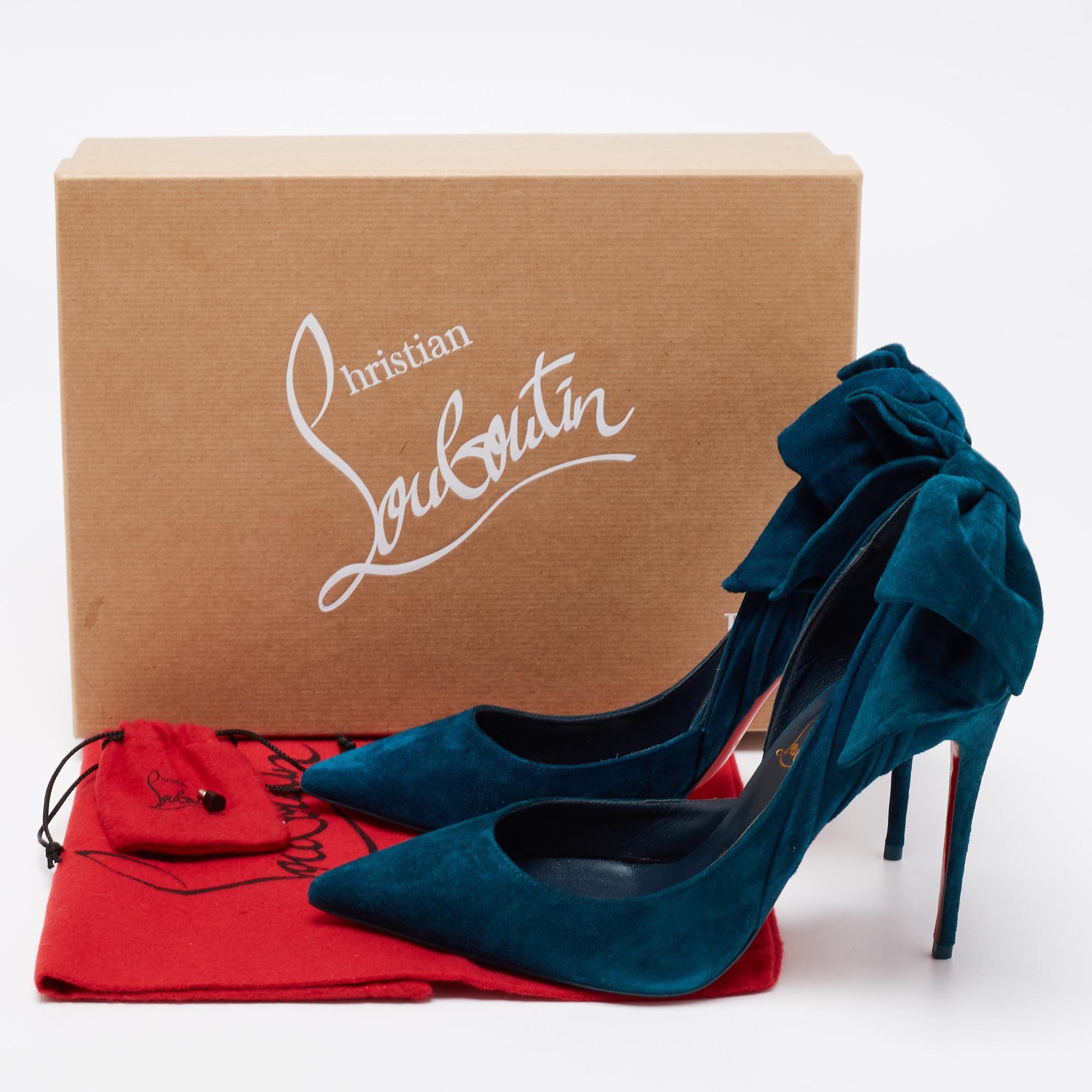 Christian Louboutin Teal Blue Suede Bow Rabakate D'Orsay Pumps Size 37 1
