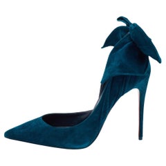 Used Christian Louboutin Teal Blue Suede Bow Rabakate D'Orsay Pumps Size 37