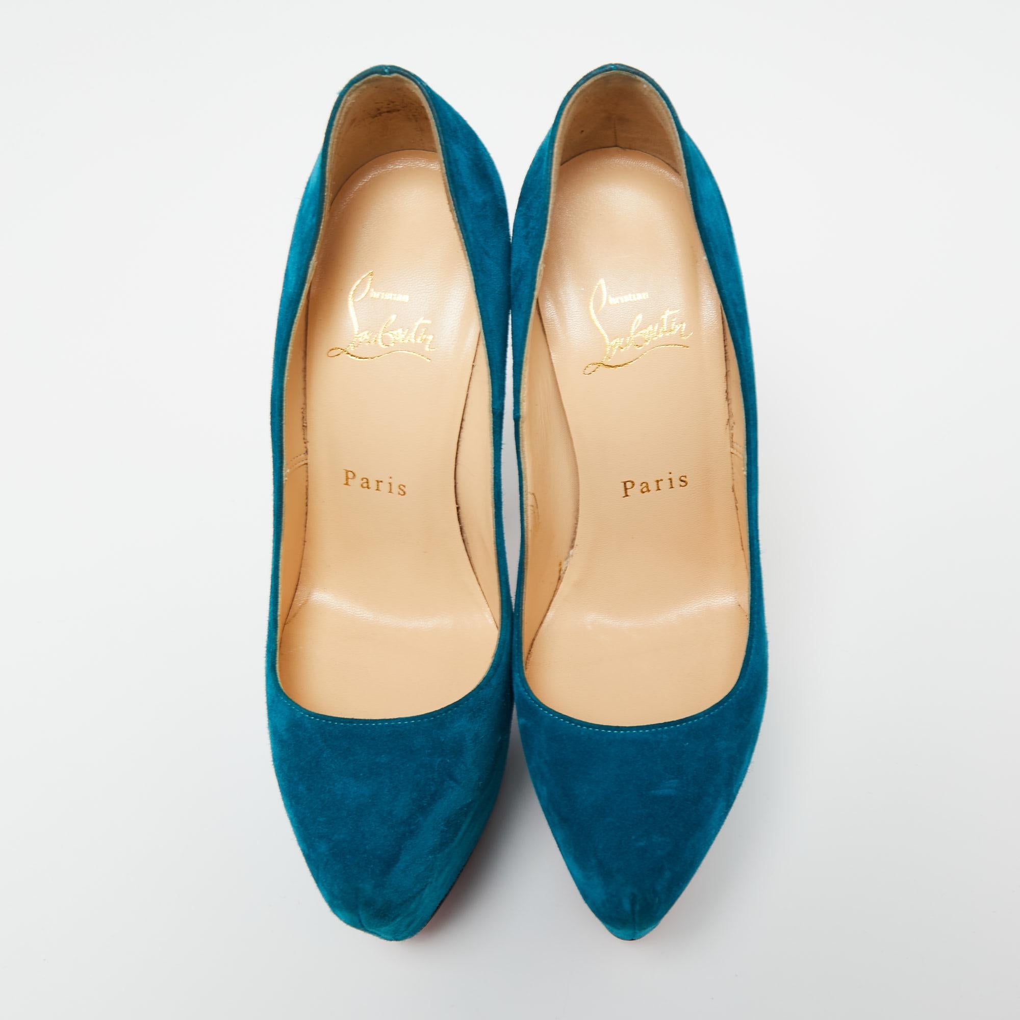 Christian Louboutin's timeless aesthetic and impeccable craftsmanship in shoemaking is evident in these statement pumps. Made from suede in a teal blue shade, the sleek cuts will accentuate the curve of your feet. Finished off with high heels and