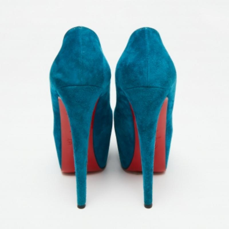 Women's Christian Louboutin Teal Blue Suede Daffodile Platform Pumps Size 36.5 For Sale