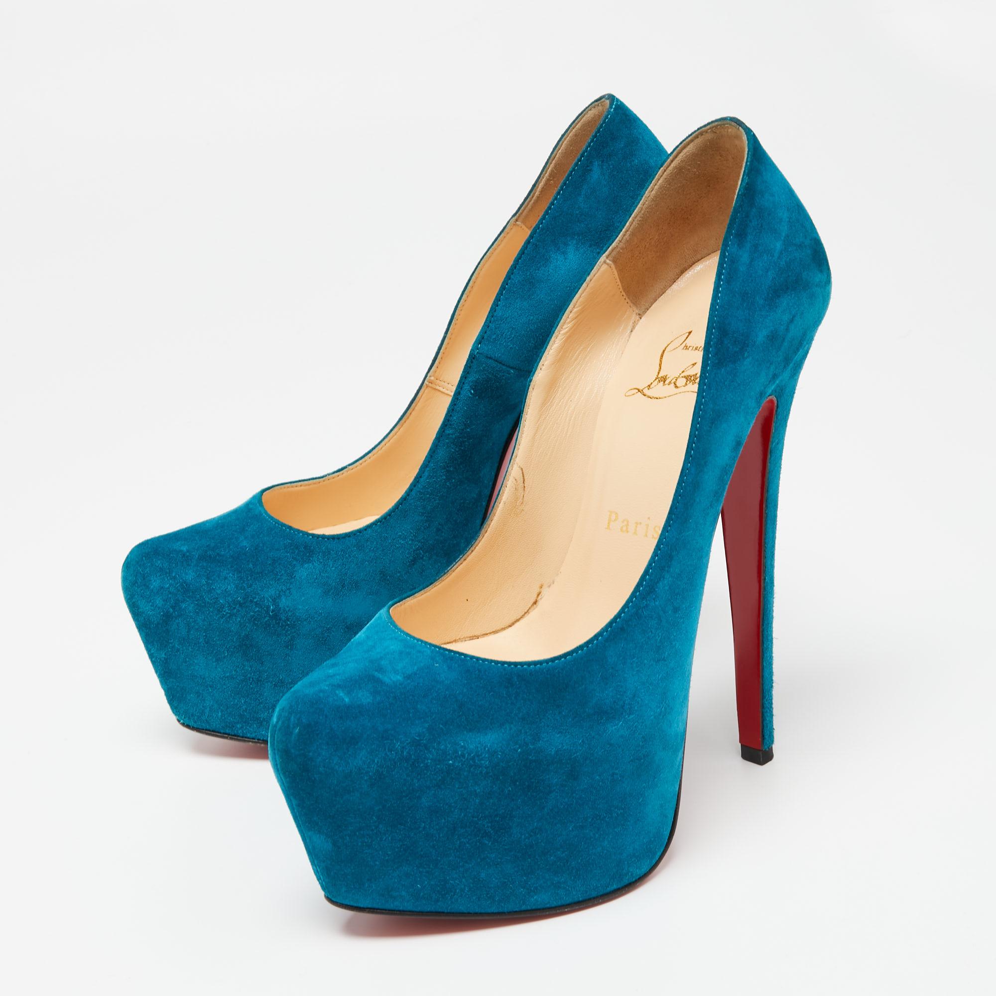 Women's Christian Louboutin Teal Blue Suede Daffodile Platform Pumps Size 36.5 For Sale