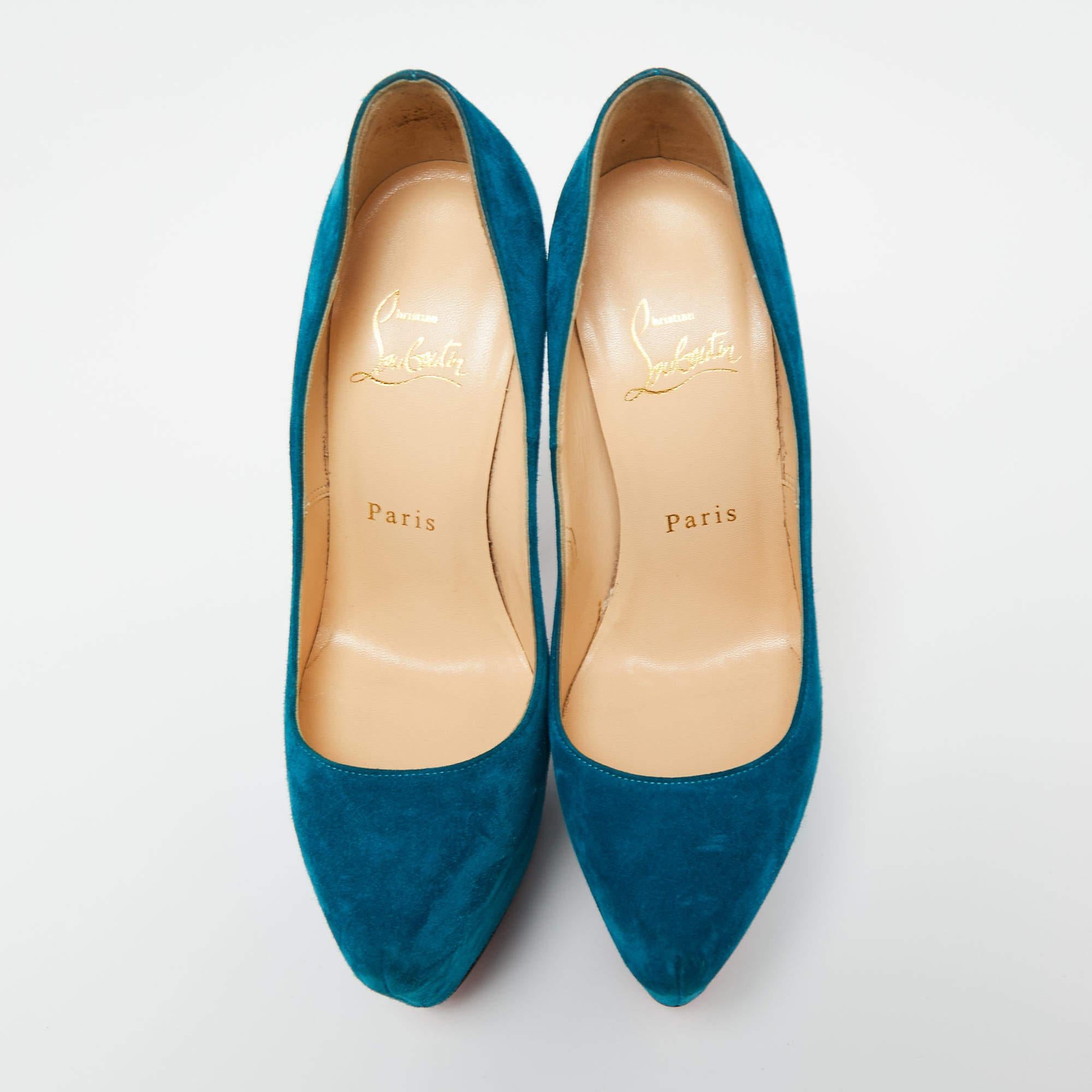 Christian Louboutin Teal Blue Suede Daffodile Platform Pumps Size 36.5 For Sale 1